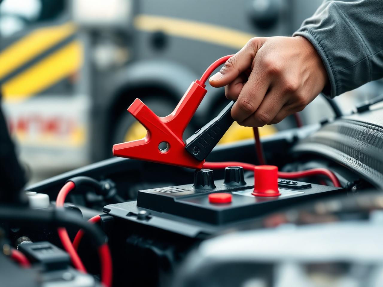 Close-up of jump-starting a car battery with jumper cables