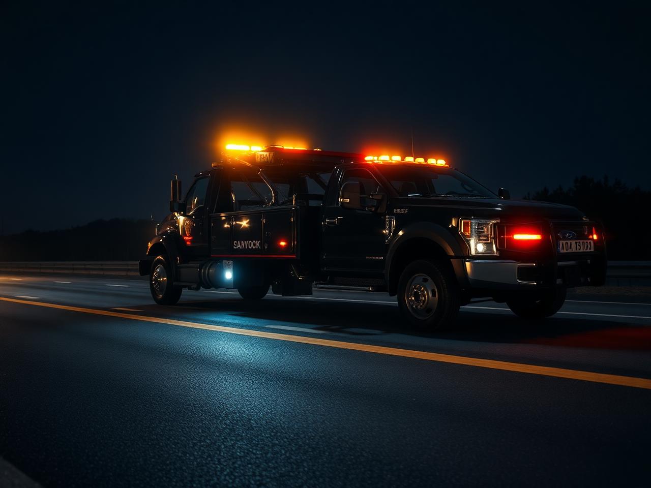 Tow truck with emergency lights on the highway at night