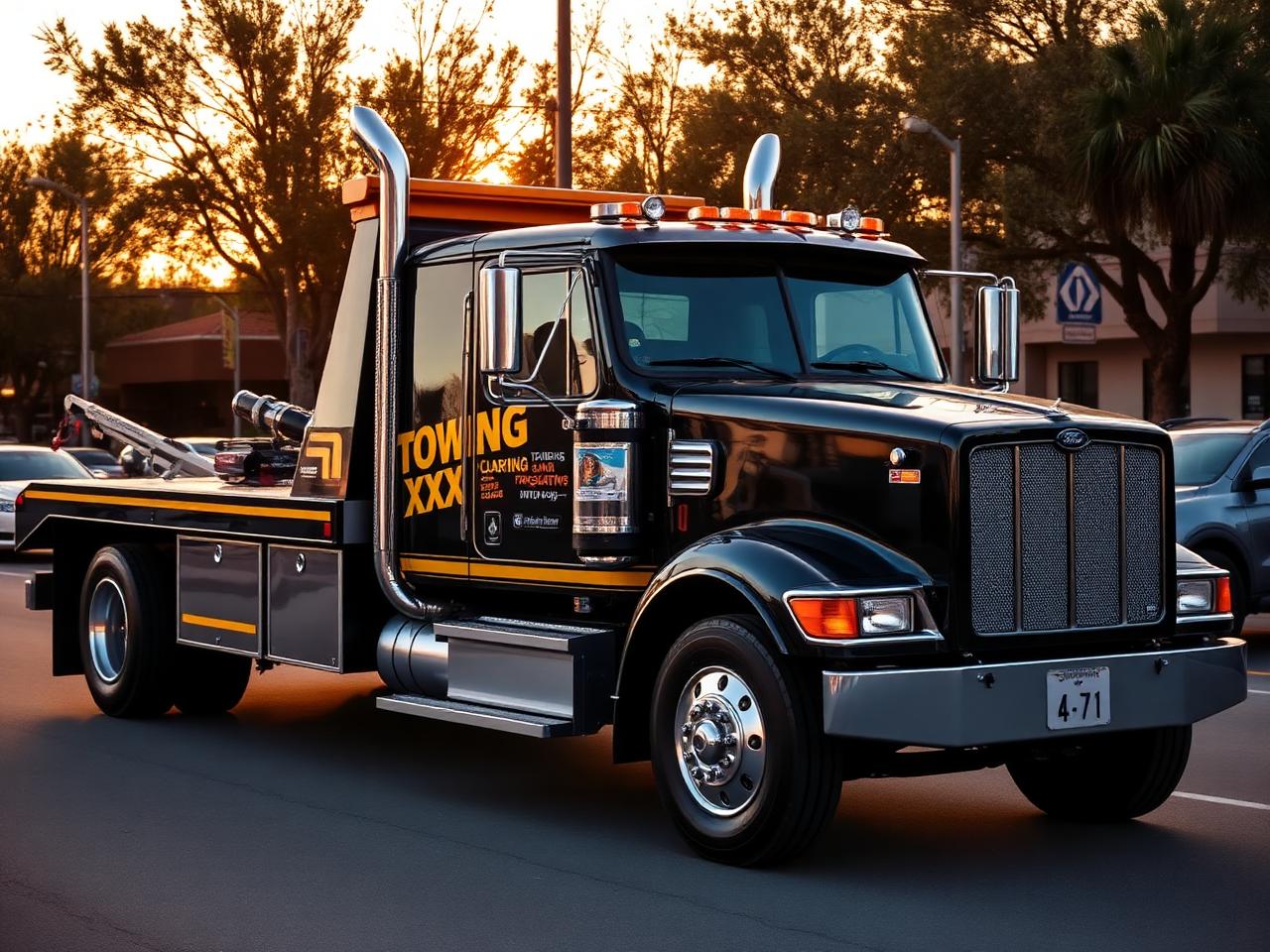 Towing XXX black flatbed tow truck at golden hour in Fresno