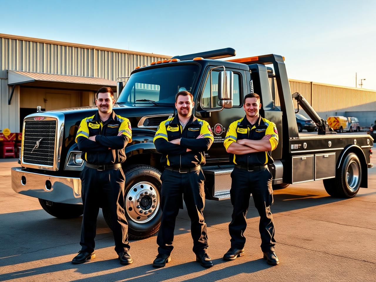 Towing XXX crew standing in front of a flatbed tow truck