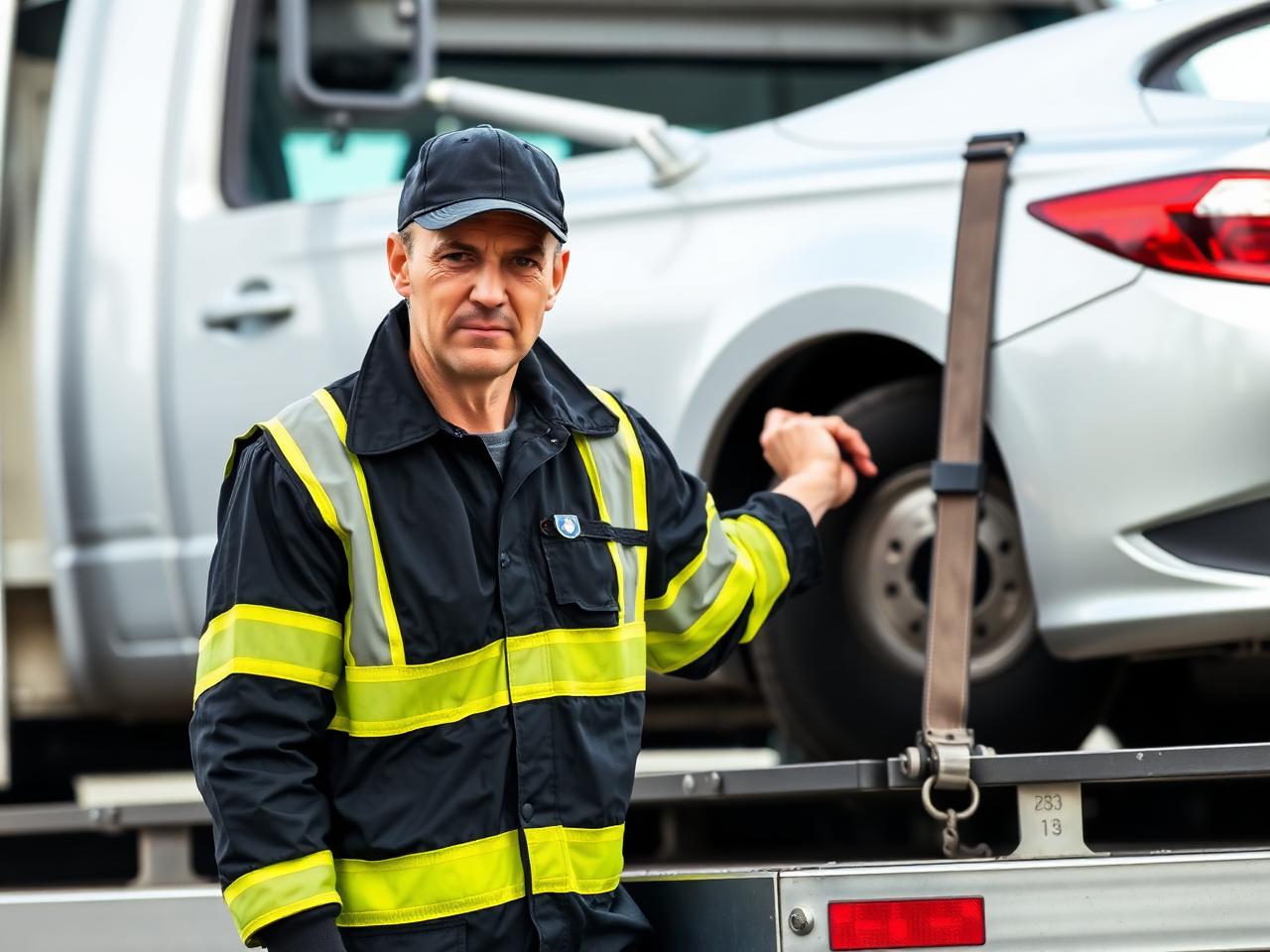 Operator securing a silver sedan onto the flatbed with straps