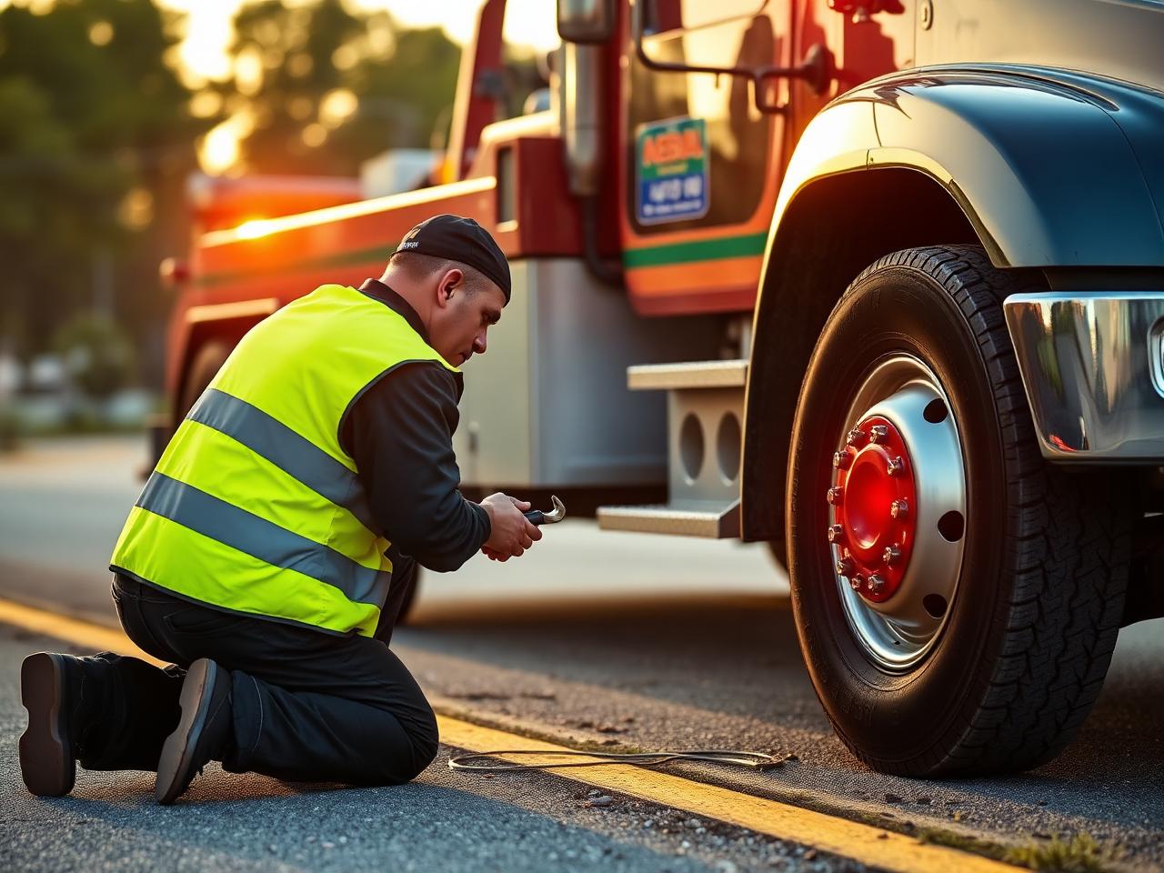 Operator changing a flat tire on the roadside